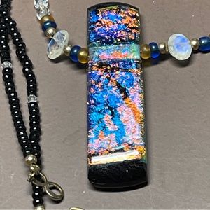 Dichroic glass pendant beaded necklace with oval moonstone briolettes. 18”